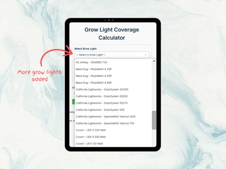 An image of the hydroponicway's grow light coverage calculator with more grow lights in the options.