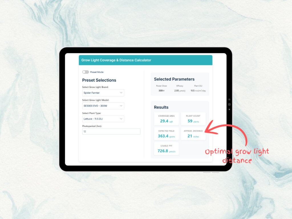 Advanced grow light calculator for coverage and distance computation.